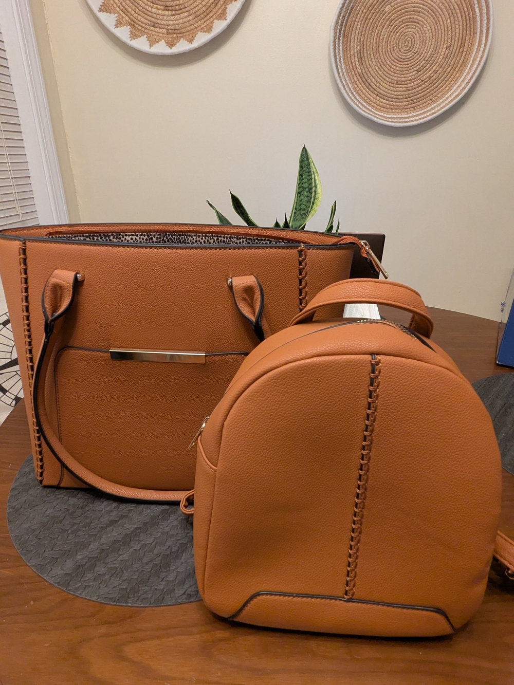 Women's Tan Faux Leather Tote & Backpack Set
